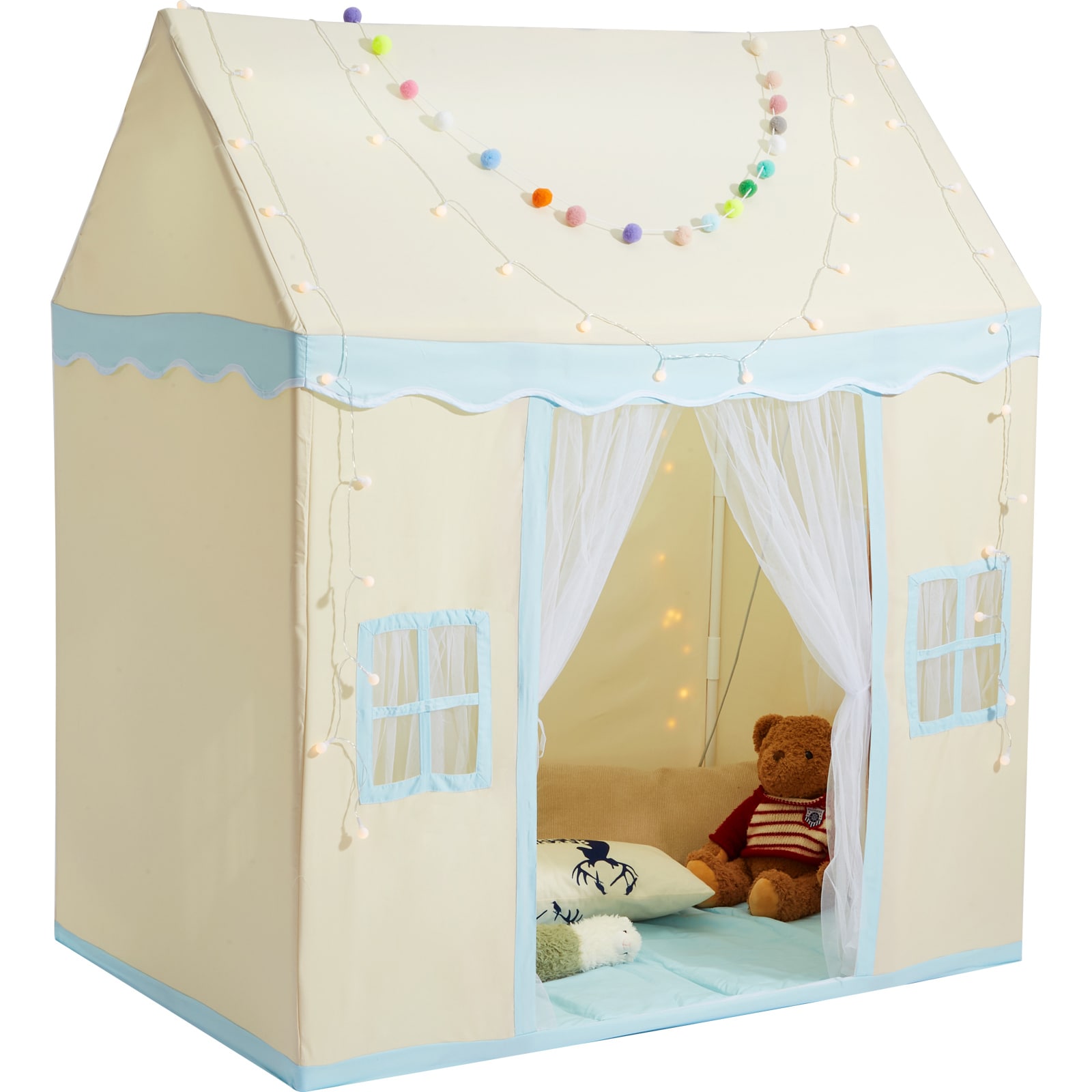Beige Kids Play Tent Castle With Mat And Lamp For Indoor Outdoor_voghion.com